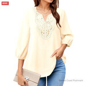 Women's 3/4 Sleeve Chiffon Blouse V Neck Layered Embroidery Tunic